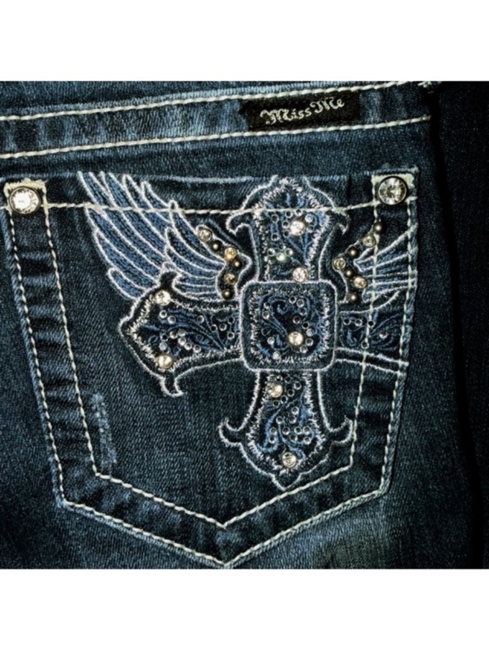 Gorgeous Y2K Miss Me Boot Jeans With Embellished Wing Cross Pockets 31” Inseam